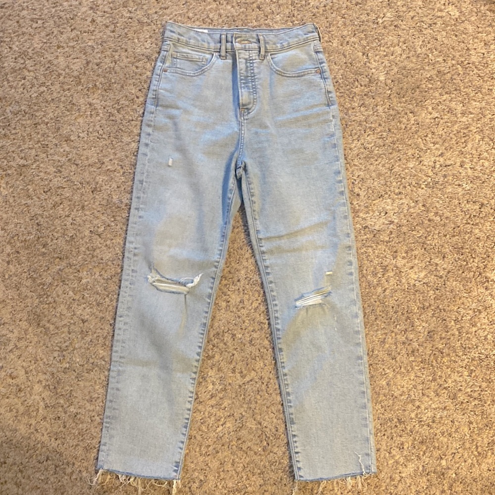 Express Super High Waisted Ripped Raw Hem Mom Jean